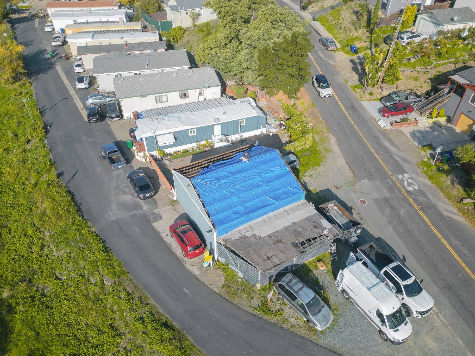 High-angle view of roof covered for protection