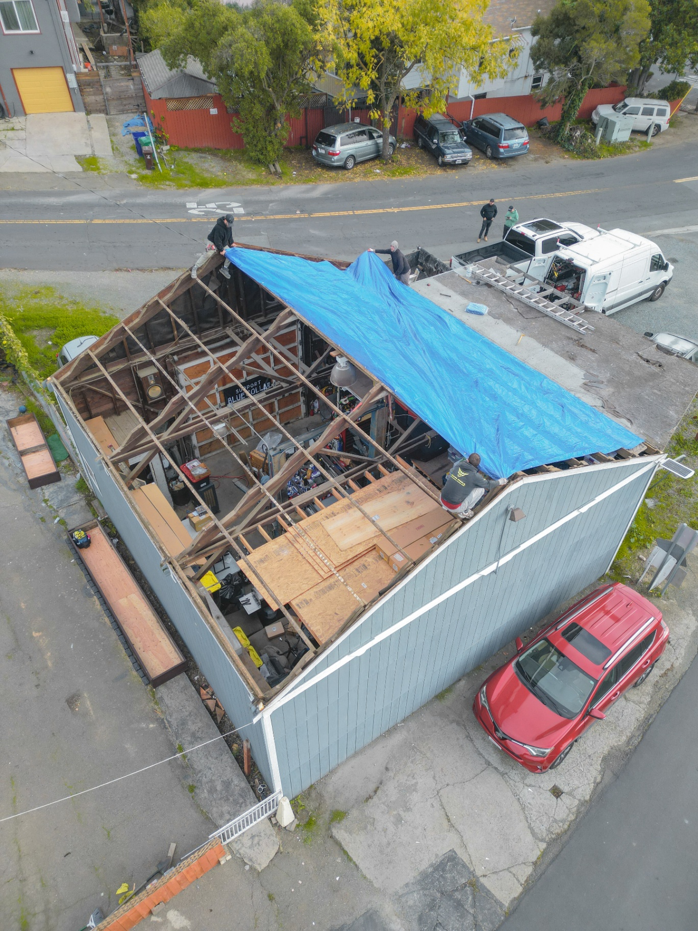 Tarping a stripped roof from above