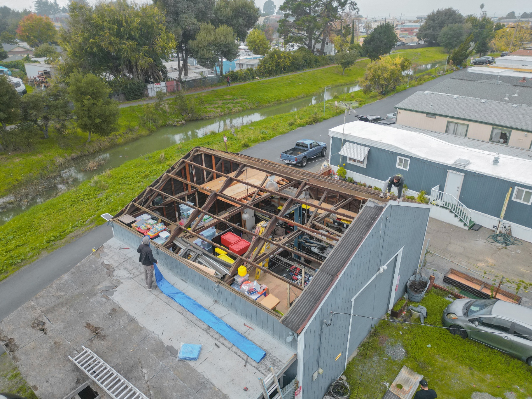 Drone view of exposed roof framing