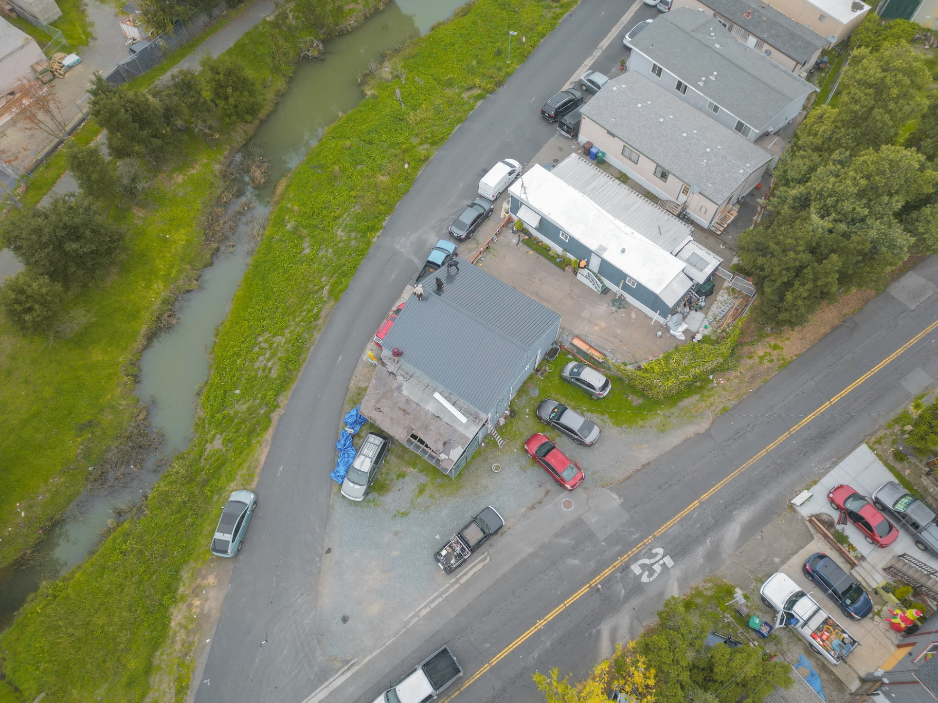 Aerial overview of the completed metal roof and site