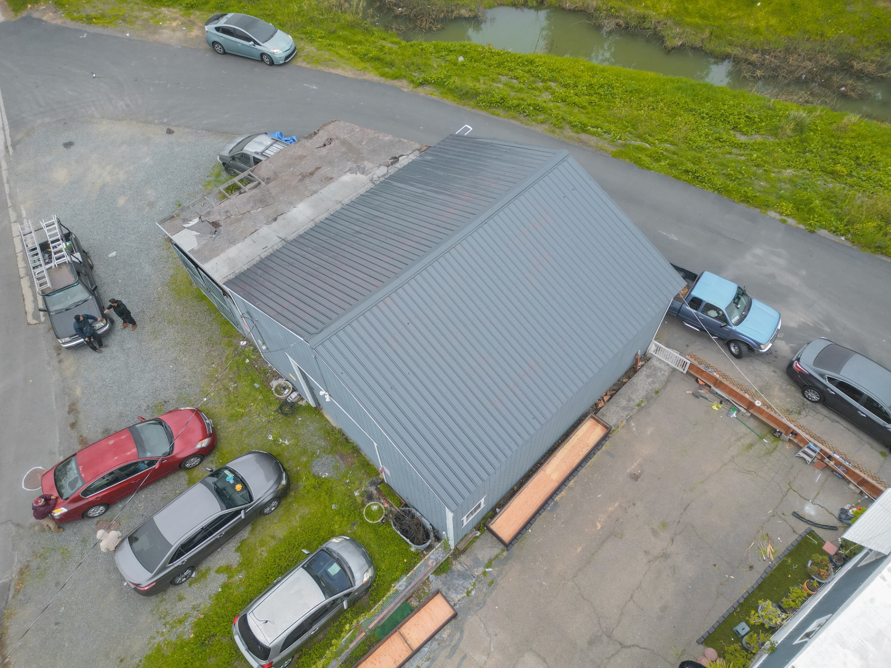 Oblique drone angle of the finished metal roofing work